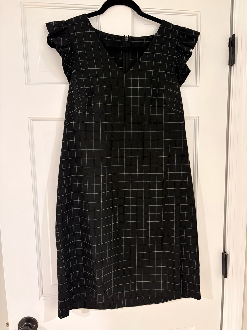 LOFT Black Windowpane V-Neck Ruffle Sleeve Mini Dress
